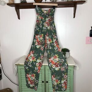Band of Gypsies Women's Floral Ruched Strapless Smocked Jumpsuit Green XS